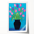 Maximalist Wall Art - Vibrant Tulips in Black Vase with Bold Blue Background