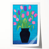 Maximalist Wall Art - Vibrant Tulips in Black Vase with Bold Blue Background
