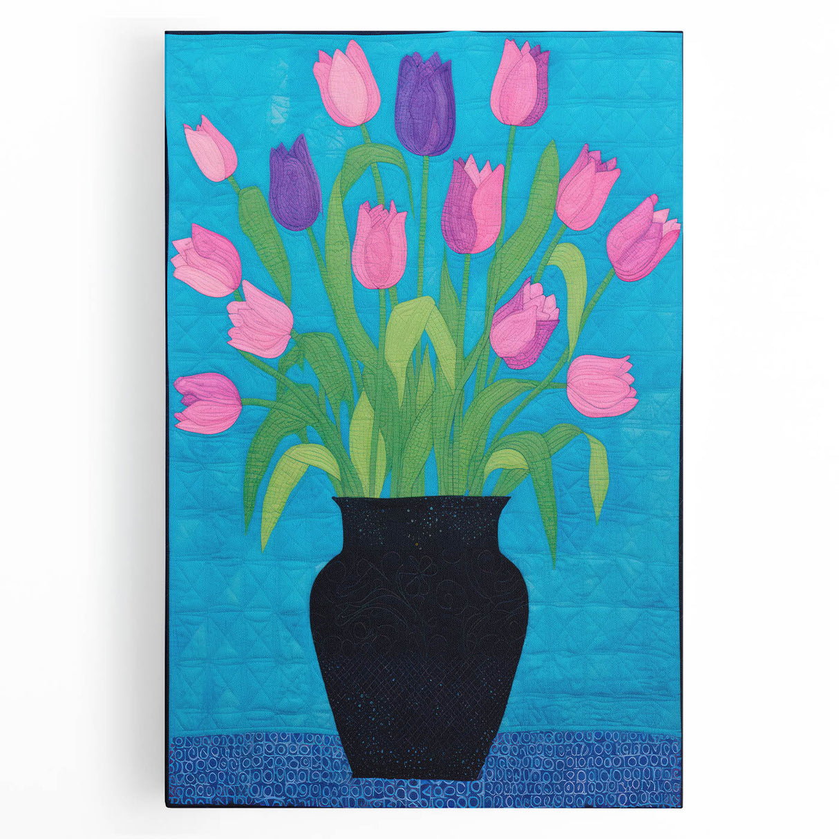 Maximalist Wall Art - Vibrant Tulips in Black Vase with Bold Blue Background