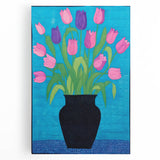 Maximalist Wall Art - Vibrant Tulips in Black Vase with Bold Blue Background