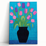 Maximalist Wall Art - Vibrant Tulips in Black Vase with Bold Blue Background