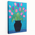 Maximalist Wall Art - Vibrant Tulips in Black Vase with Bold Blue Background