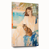 Maximalist Wall Art - Serene Woman with Cat by the Pool in Coastal Setting