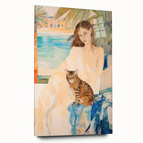Maximalist Wall Art - Serene Woman with Cat by the Pool in Coastal Setting