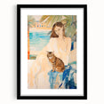 Maximalist Wall Art - Serene Woman with Cat by the Pool in Coastal Setting