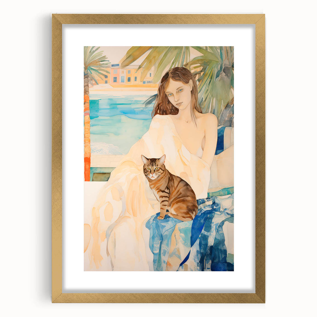Maximalist Wall Art - Serene Woman with Cat by the Pool in Coastal Setting