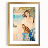 Maximalist Wall Art - Serene Woman with Cat by the Pool in Coastal Setting