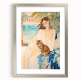 Maximalist Wall Art - Serene Woman with Cat by the Pool in Coastal Setting