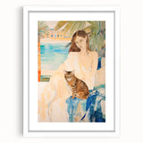 Maximalist Wall Art - Serene Woman with Cat by the Pool in Coastal Setting