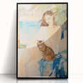 Maximalist Wall Art - Serene Woman with Cat by the Pool in Coastal Setting