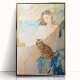 Maximalist Wall Art - Serene Woman with Cat by the Pool in Coastal Setting