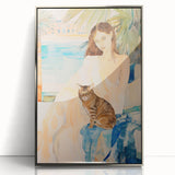 Maximalist Wall Art - Serene Woman with Cat by the Pool in Coastal Setting
