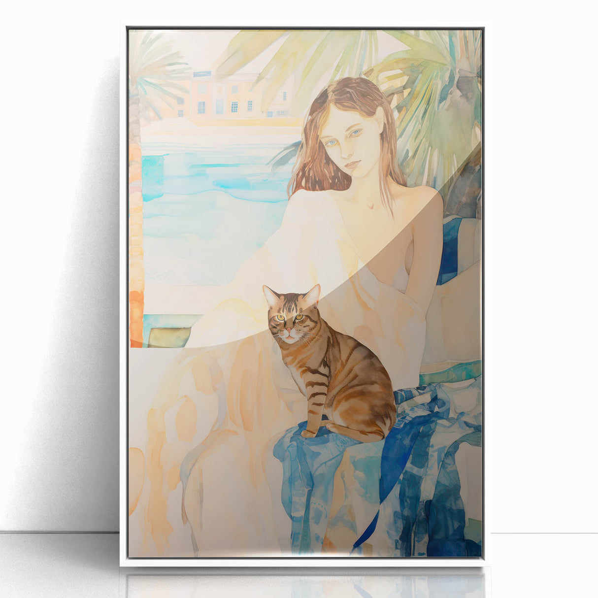 Maximalist Wall Art - Serene Woman with Cat by the Pool in Coastal Setting