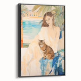 Maximalist Wall Art - Serene Woman with Cat by the Pool in Coastal Setting