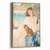 Maximalist Wall Art - Serene Woman with Cat by the Pool in Coastal Setting