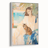 Maximalist Wall Art - Serene Woman with Cat by the Pool in Coastal Setting