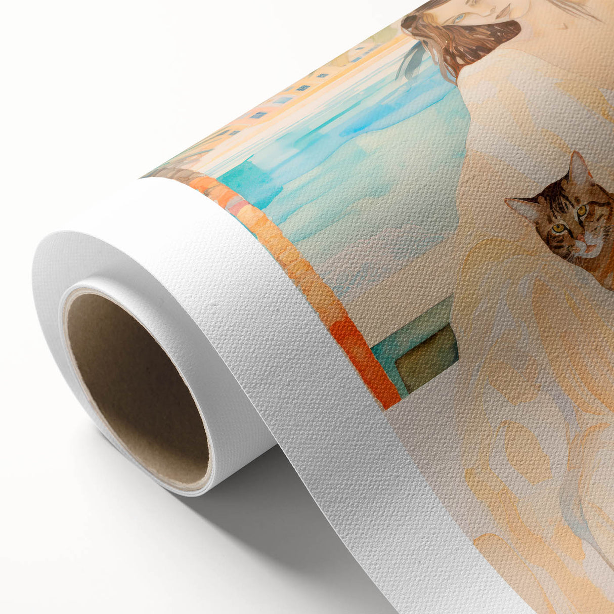 Maximalist Wall Art - Serene Woman with Cat by the Pool in Coastal Setting