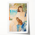 Maximalist Wall Art - Serene Woman with Cat by the Pool in Coastal Setting