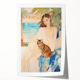 Maximalist Wall Art - Serene Woman with Cat by the Pool in Coastal Setting