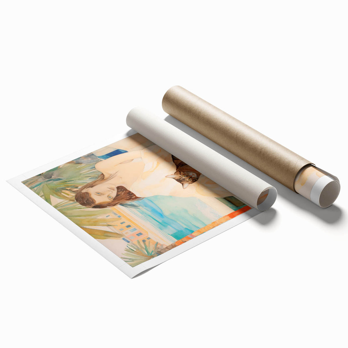 Maximalist Wall Art - Serene Woman with Cat by the Pool in Coastal Setting