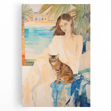 Maximalist Wall Art - Serene Woman with Cat by the Pool in Coastal Setting