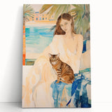 Maximalist Wall Art - Serene Woman with Cat by the Pool in Coastal Setting