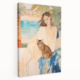 Maximalist Wall Art - Serene Woman with Cat by the Pool in Coastal Setting