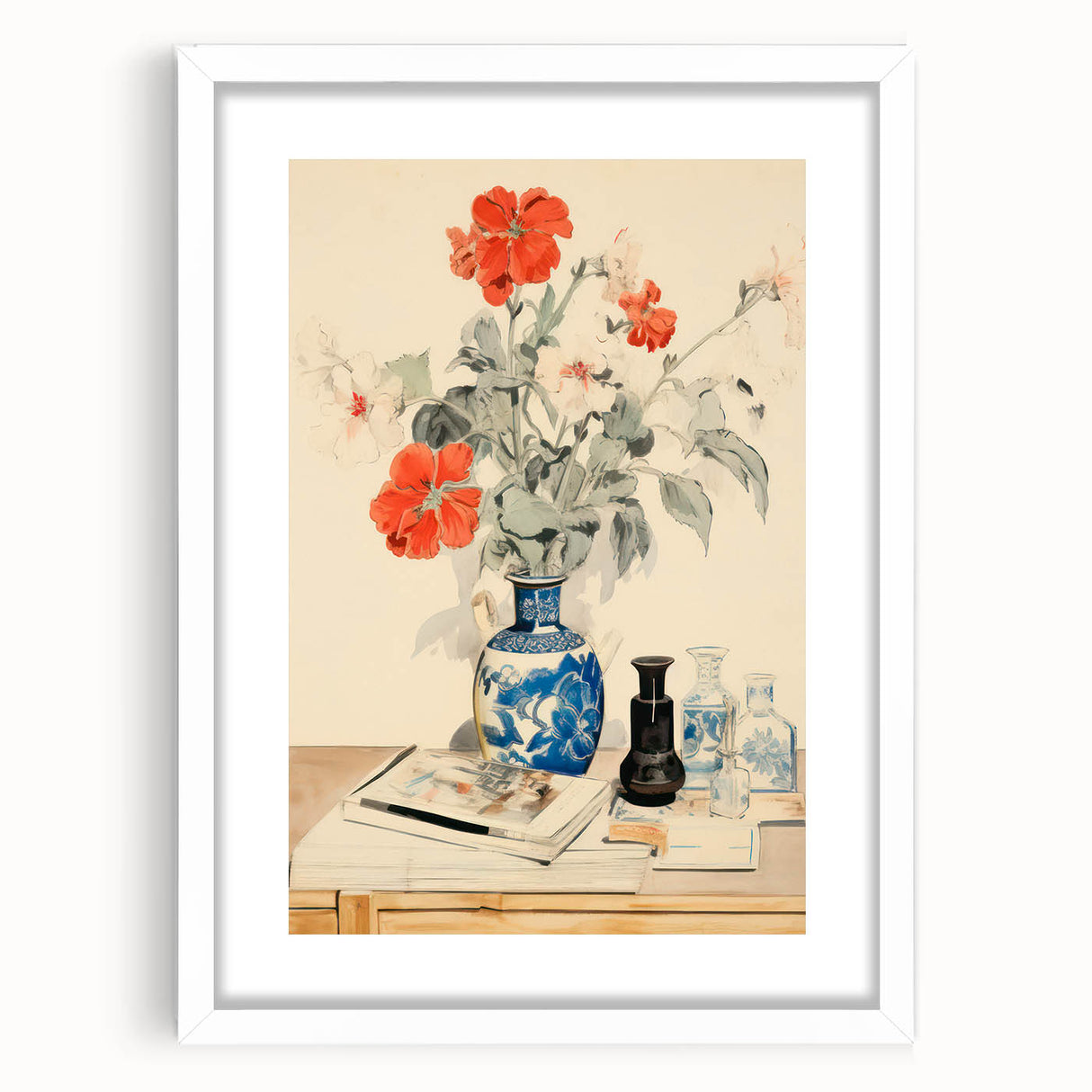 Maximalist Wall Art - Eclectic Floral Arrangement with Bold Vase Decor