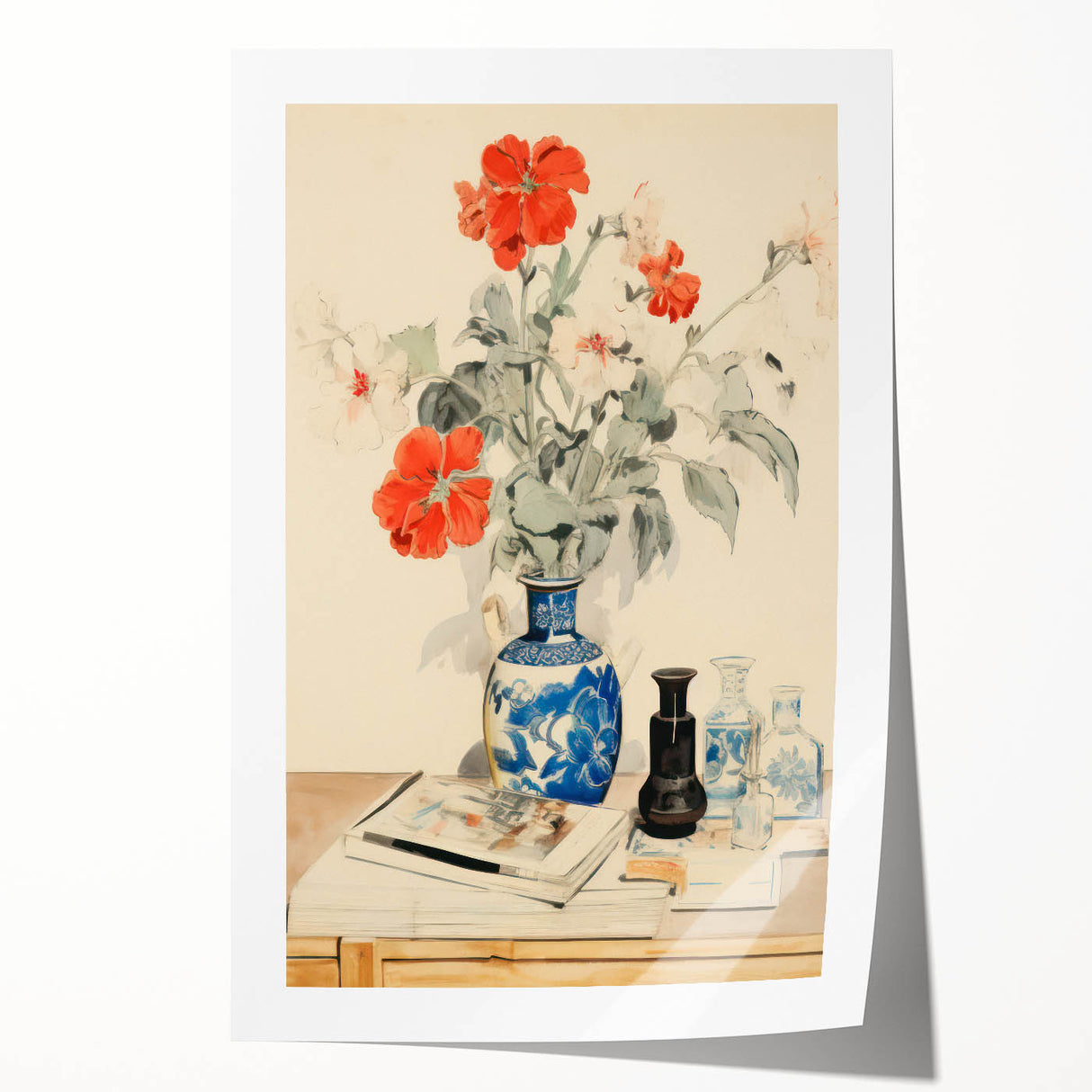 Maximalist Wall Art - Eclectic Floral Arrangement with Bold Vase Decor