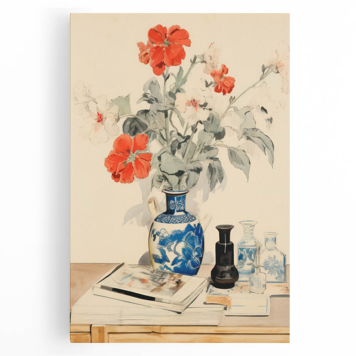 Maximalist Wall Art - Eclectic Floral Arrangement with Bold Vase Decor