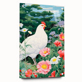 Maximalist Wall Art - Vibrant Nature Scene with White Hen and Flowers