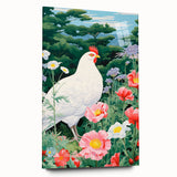 Maximalist Wall Art - Vibrant Nature Scene with White Hen and Flowers