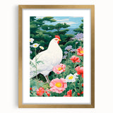 Maximalist Wall Art - Vibrant Nature Scene with White Hen and Flowers