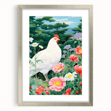 Maximalist Wall Art - Vibrant Nature Scene with White Hen and Flowers