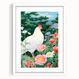 Maximalist Wall Art - Vibrant Nature Scene with White Hen and Flowers