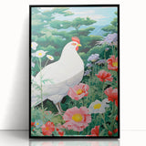 Maximalist Wall Art - Vibrant Nature Scene with White Hen and Flowers