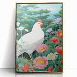 Maximalist Wall Art - Vibrant Nature Scene with White Hen and Flowers