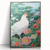 Maximalist Wall Art - Vibrant Nature Scene with White Hen and Flowers
