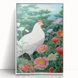 Maximalist Wall Art - Vibrant Nature Scene with White Hen and Flowers