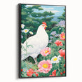 Maximalist Wall Art - Vibrant Nature Scene with White Hen and Flowers