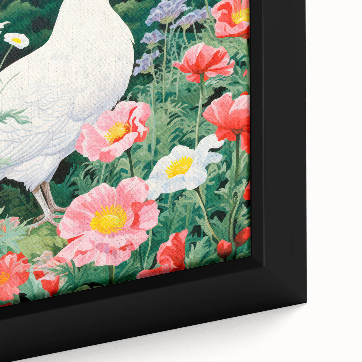 Maximalist Wall Art - Vibrant Nature Scene with White Hen and Flowers