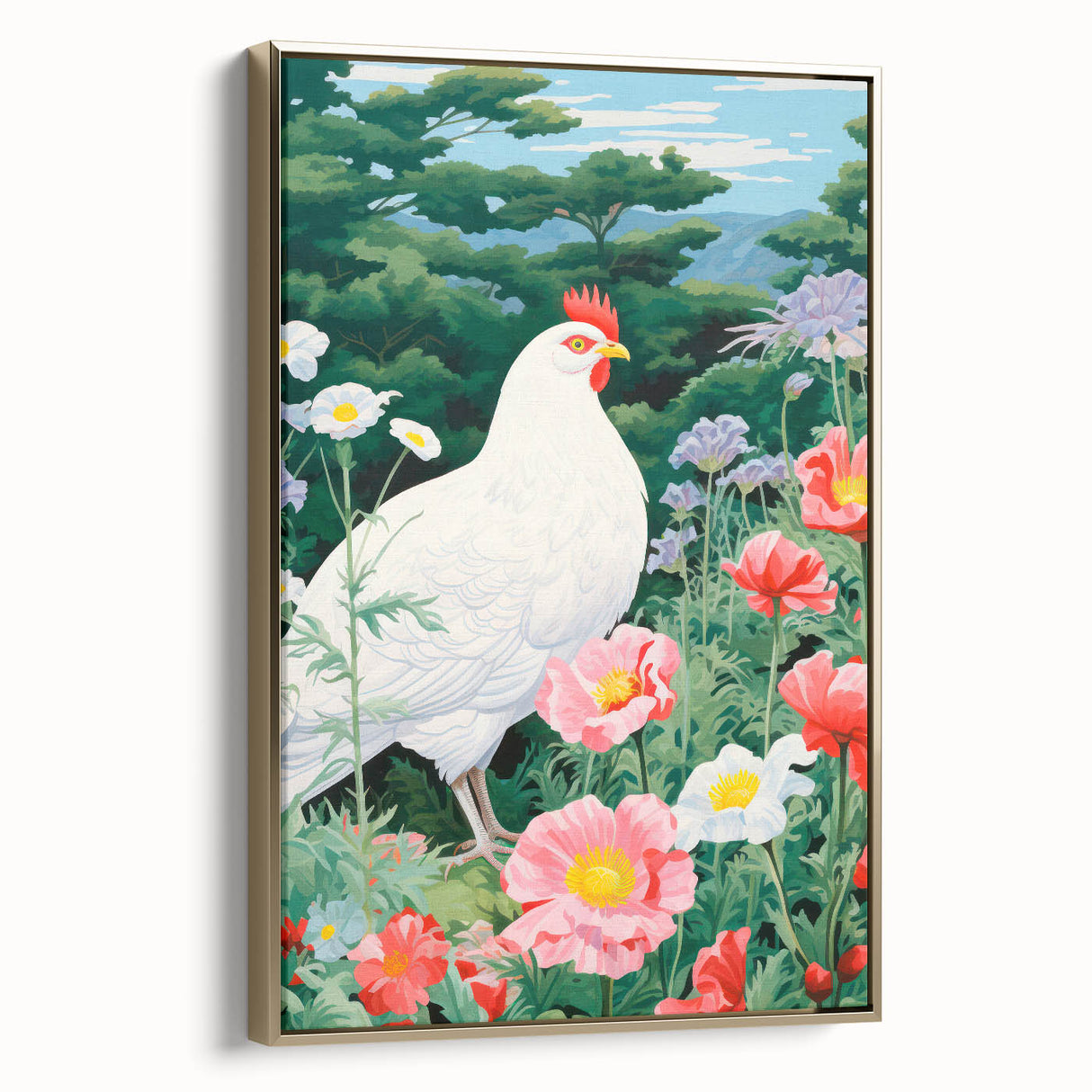 Maximalist Wall Art - Vibrant Nature Scene with White Hen and Flowers