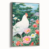 Maximalist Wall Art - Vibrant Nature Scene with White Hen and Flowers