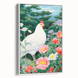 Maximalist Wall Art - Vibrant Nature Scene with White Hen and Flowers