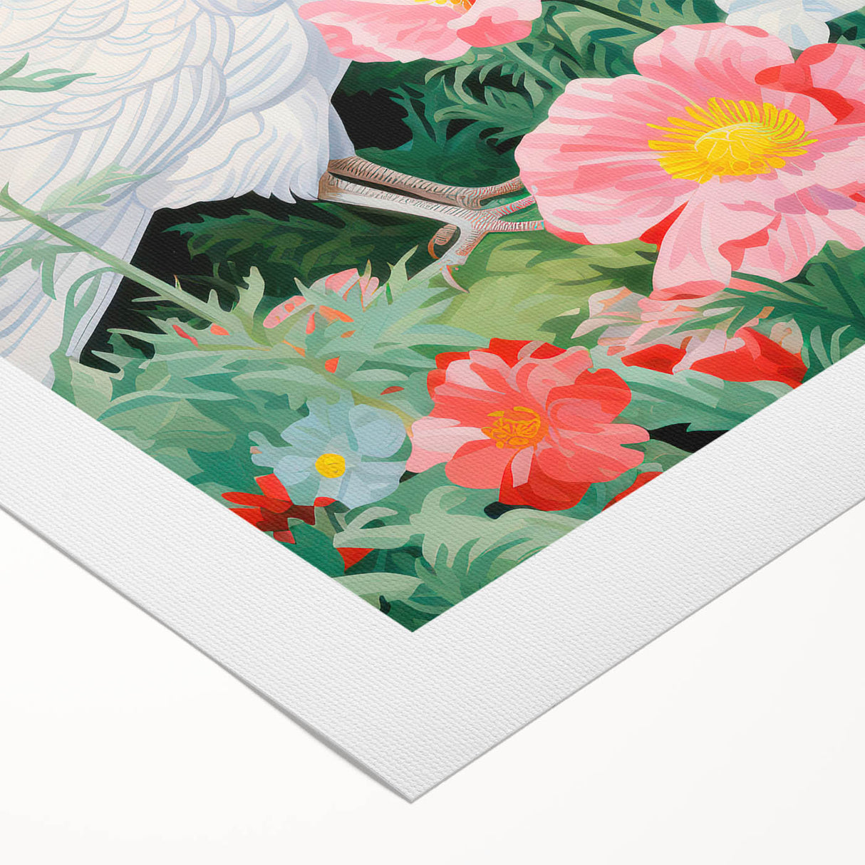 Maximalist Wall Art - Vibrant Nature Scene with White Hen and Flowers