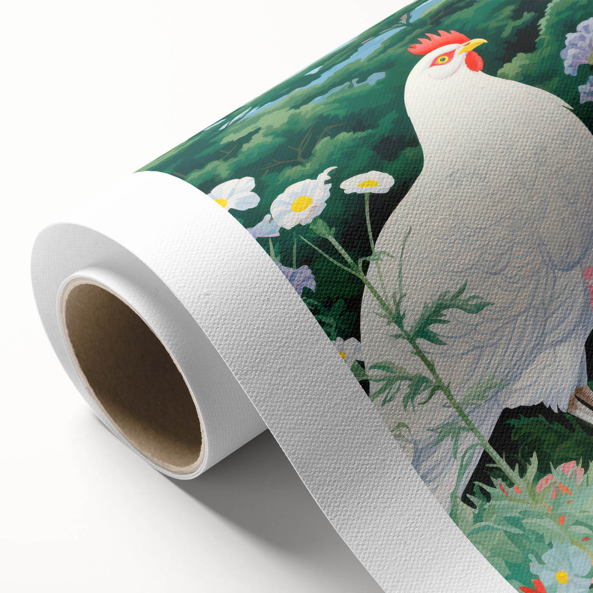 Maximalist Wall Art - Vibrant Nature Scene with White Hen and Flowers