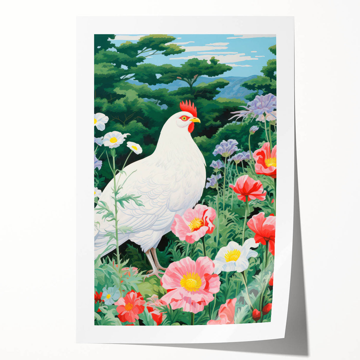 Maximalist Wall Art - Vibrant Nature Scene with White Hen and Flowers
