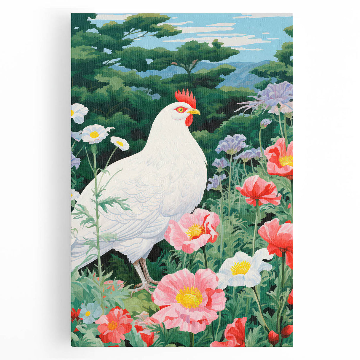 Maximalist Wall Art - Vibrant Nature Scene with White Hen and Flowers