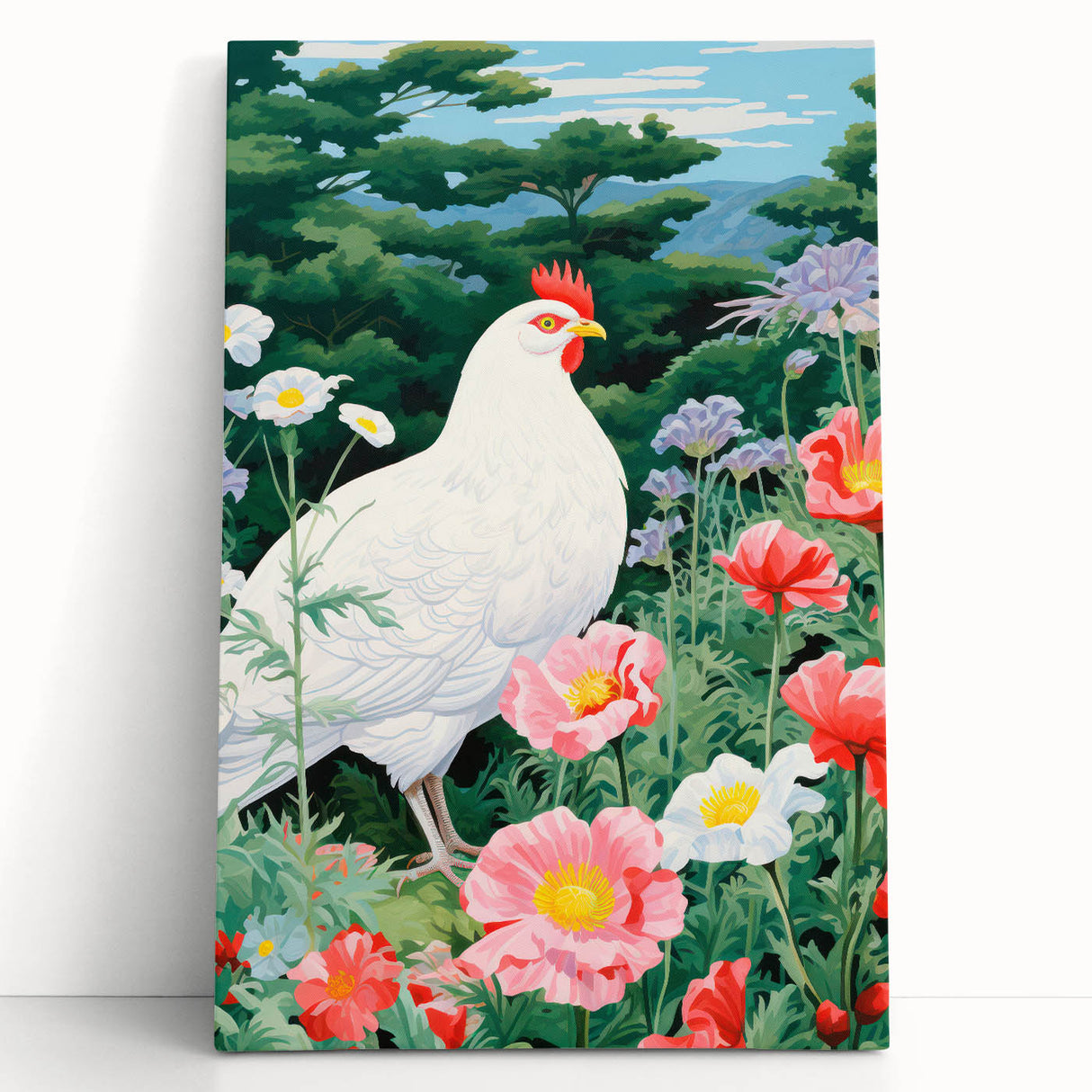 Maximalist Wall Art - Vibrant Nature Scene with White Hen and Flowers