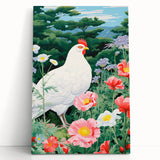 Maximalist Wall Art - Vibrant Nature Scene with White Hen and Flowers
